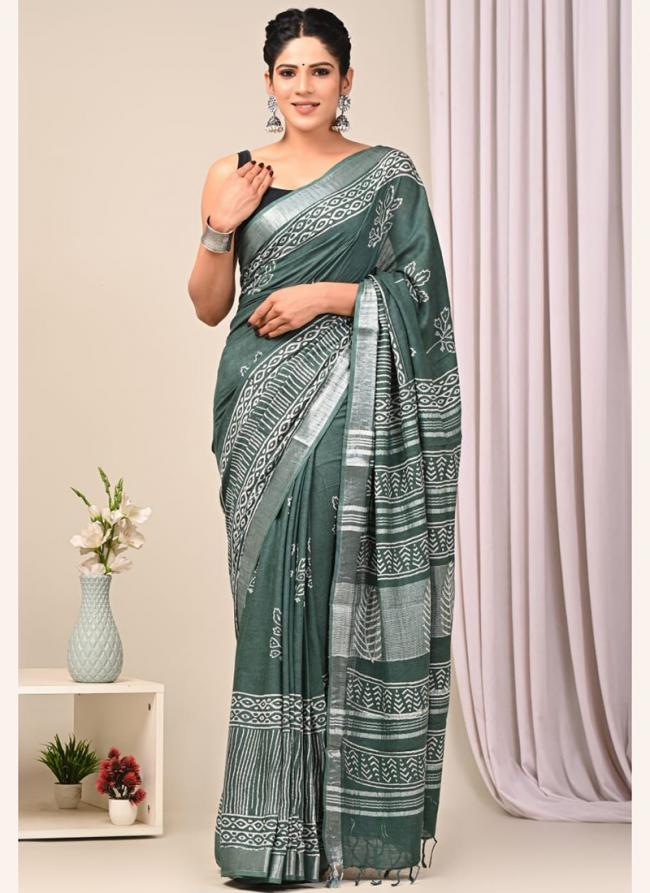 Linen Green Casual Wear Printed Saree